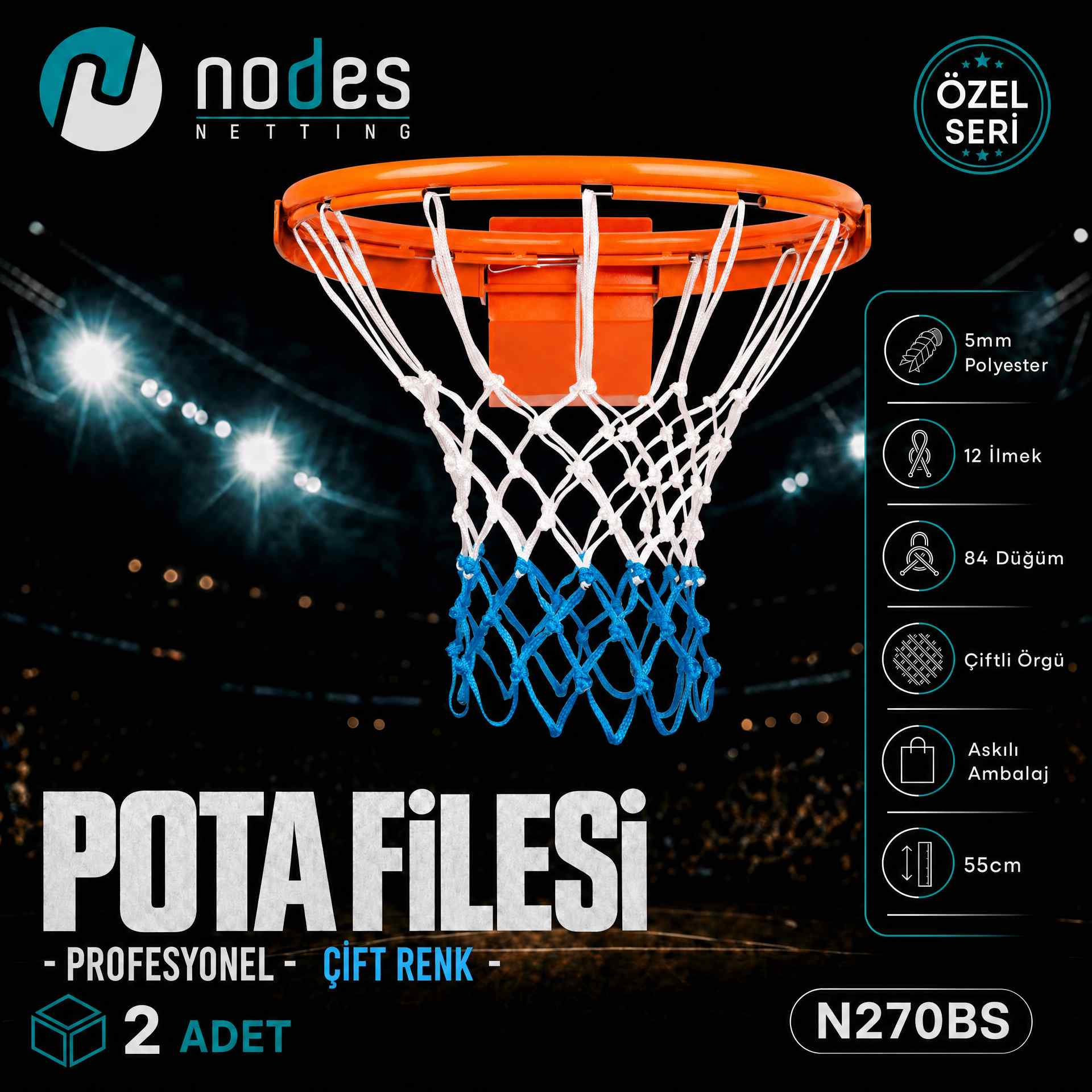 Profesyonel iki renk basketbol pota filesi N270BS 4 mm polyester 2 adet