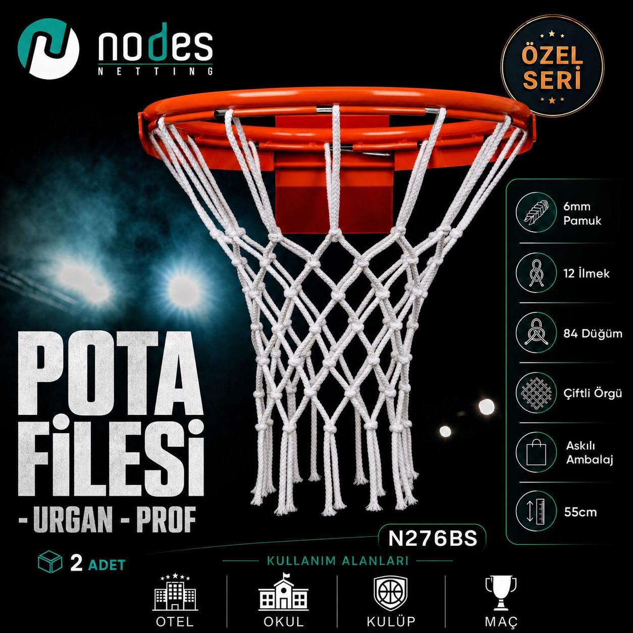 6 mm urgan basketbol pota filesi N276BS polyester pamuk 2 adet
