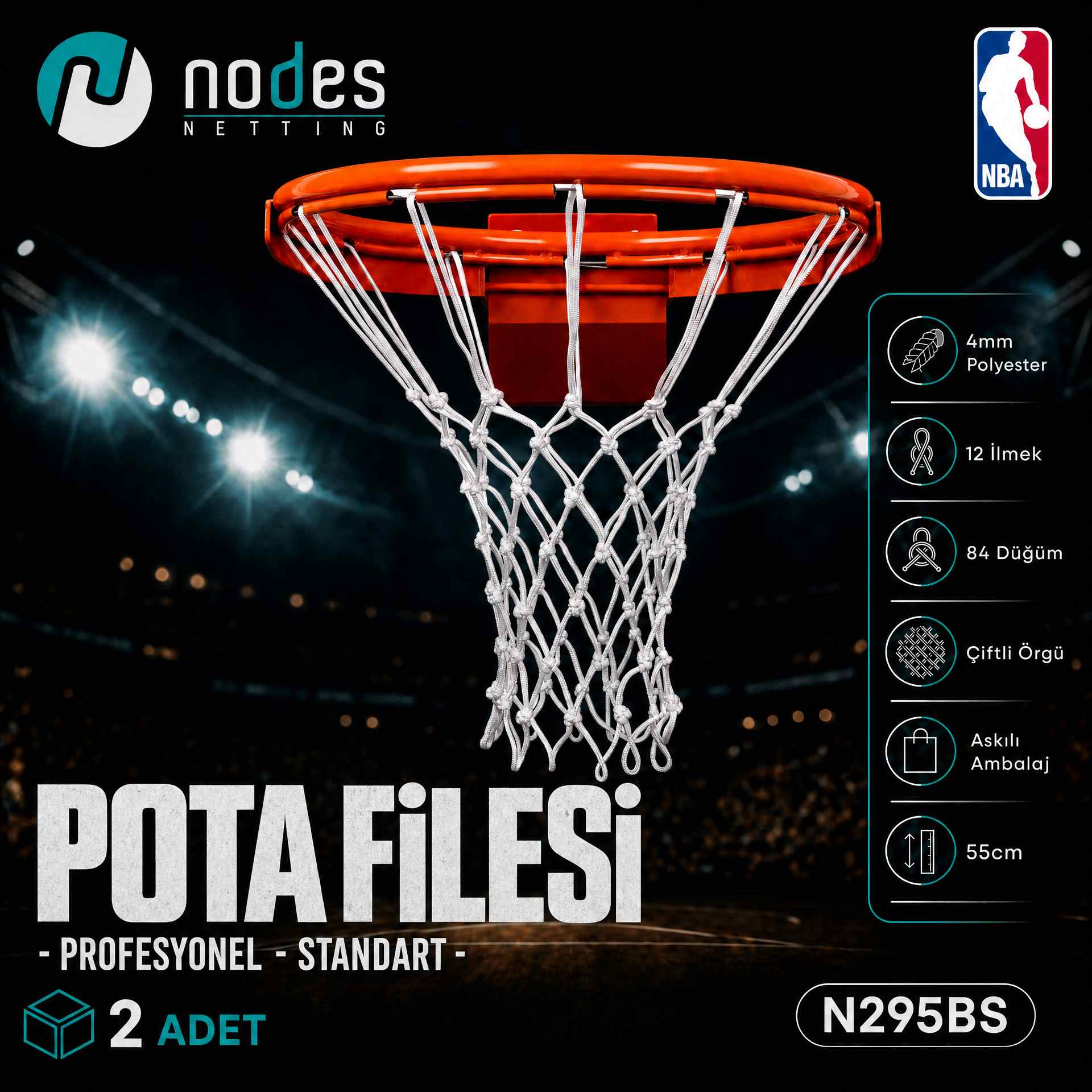 Profesyonel beyaz basketbol pota filesi N295BS 4 mm polyester 2 adet