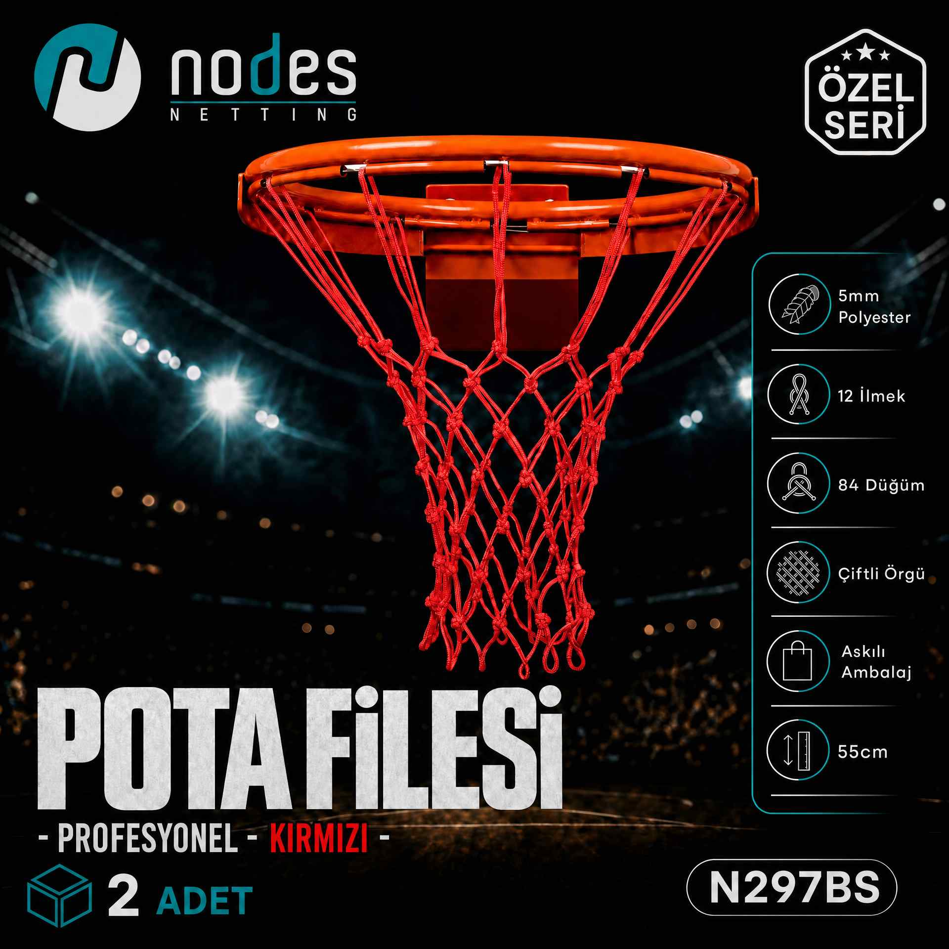 Profesyonel kırmızı basketbol pota filesi N297BS 4 mm polyester 2 adet