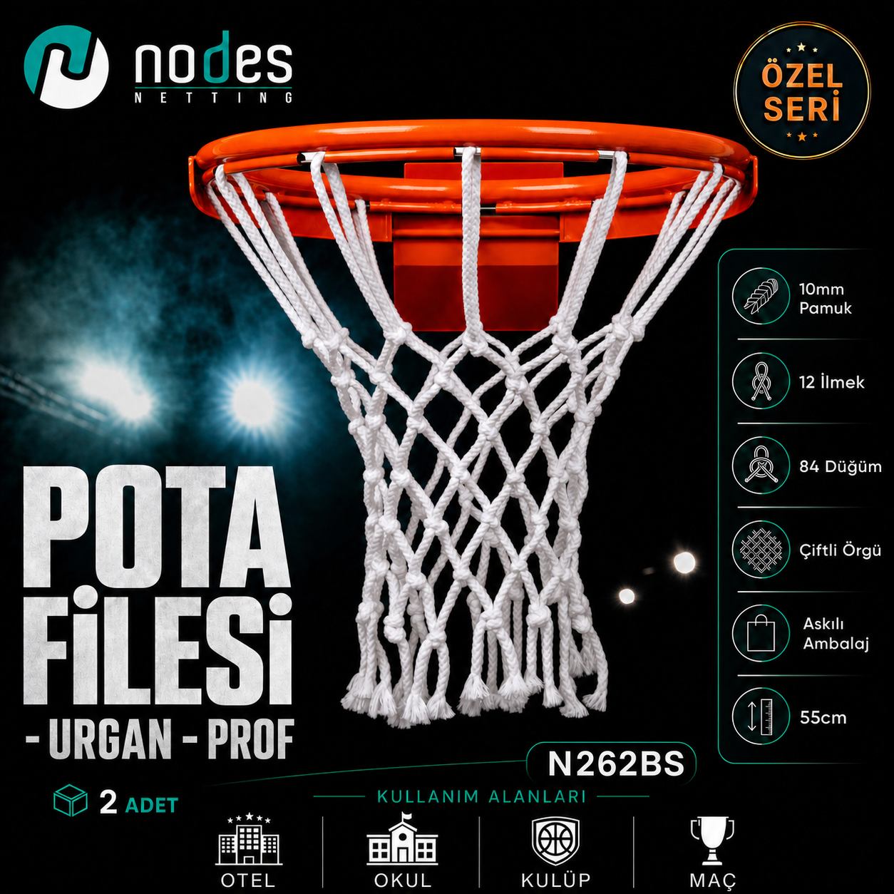 10 mm urgan basketbol pota maç filesi N262BS polyester pamuk 2 adet