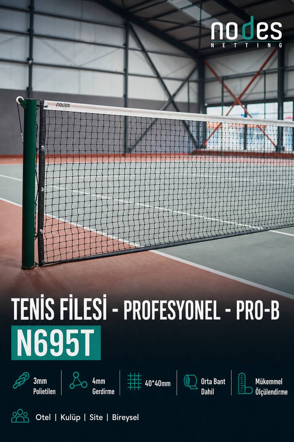 Tenis filesi profesyonel PRO-B 107x12,70 mt polyamid kort filesi